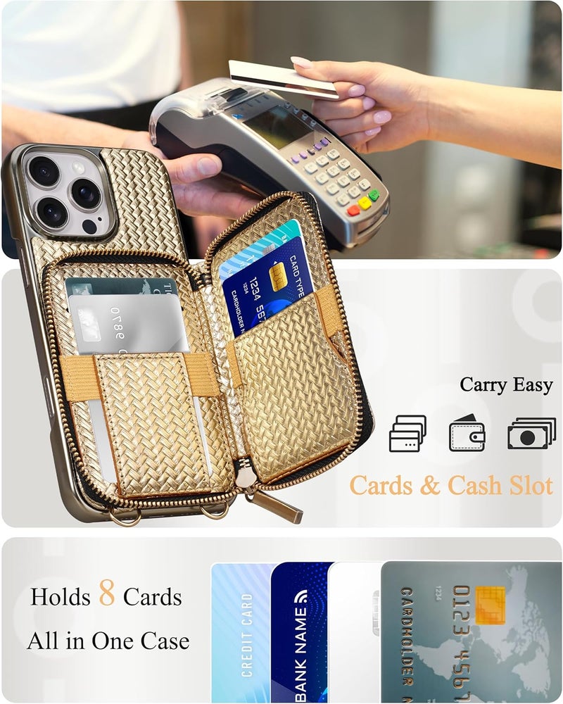 Keallce Wallet Case for iPhone 16 Pro Max 6.9", Crossbody Zipper Purse with Wristlet Strap, RFID Blocking Card Holder Kickstand, Woven Leather Case Electroplating Process for Women (Gold) - Image 2